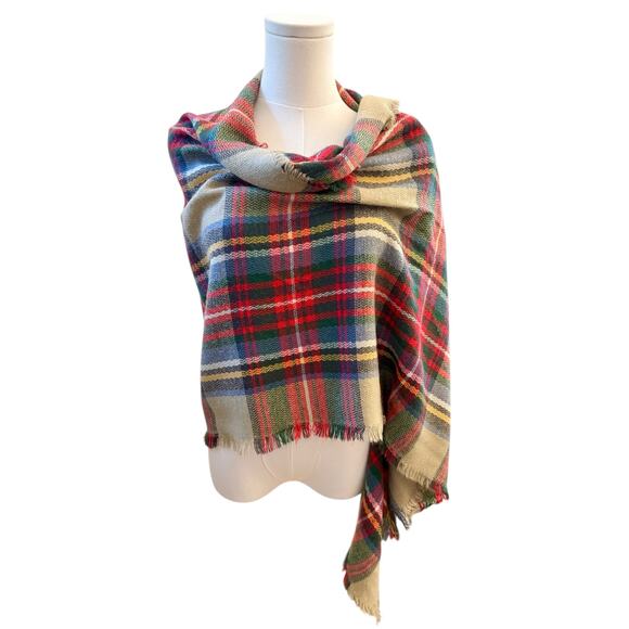 Oversized Plaid Blanket Scarf Shawl Wrap Red Green Tartan Fringe Winter Cozy - Picture 2 of 6
